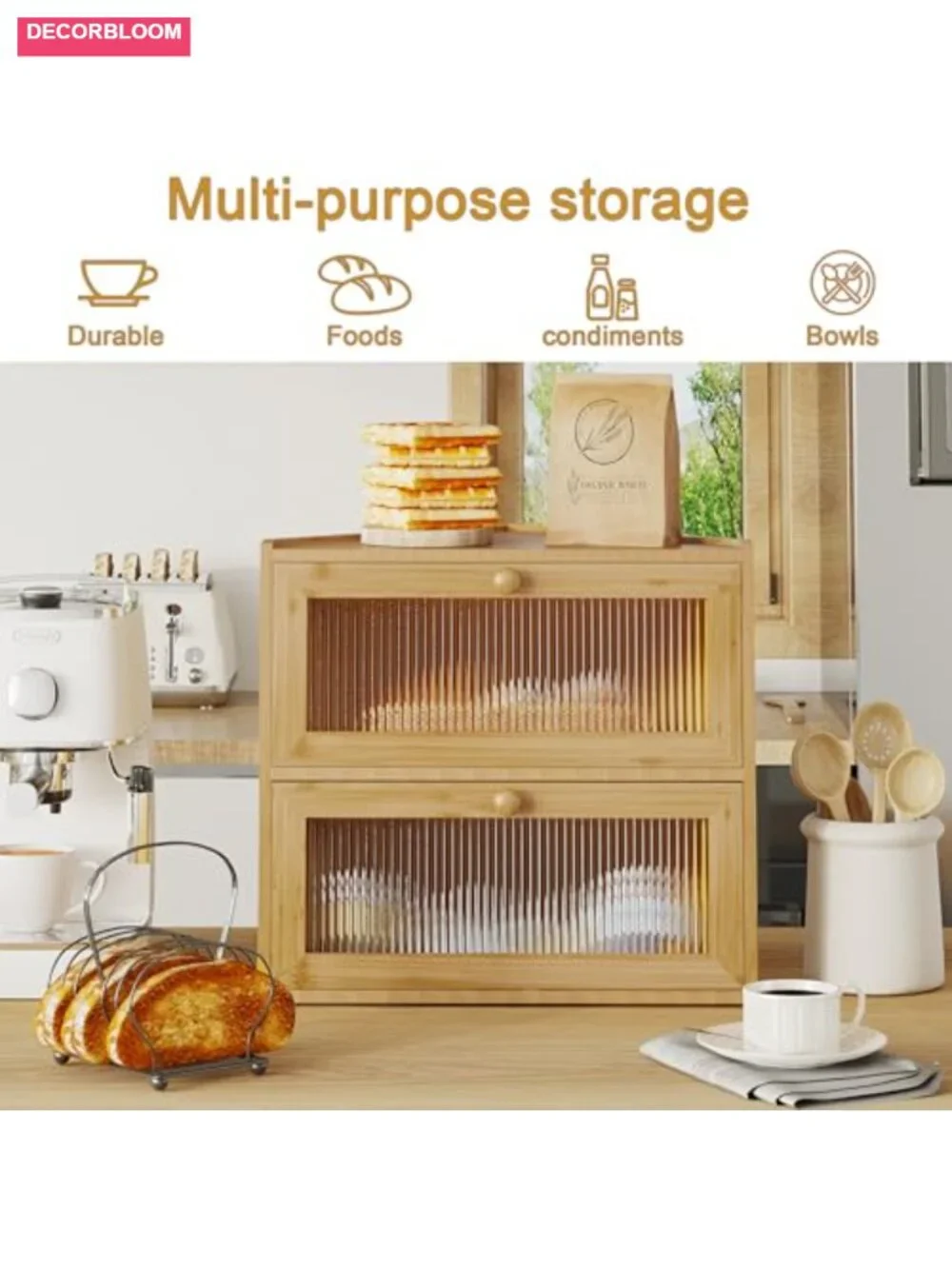 Corner Bread Box Double Layer Bamboo Storage with Wavy Windows Farmhouse Bread